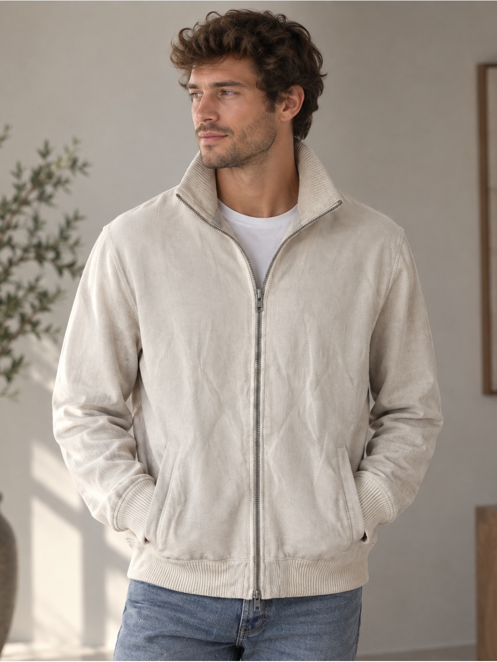 Club Monaco Men's Cream Full-Zip Sweater Jacket Small